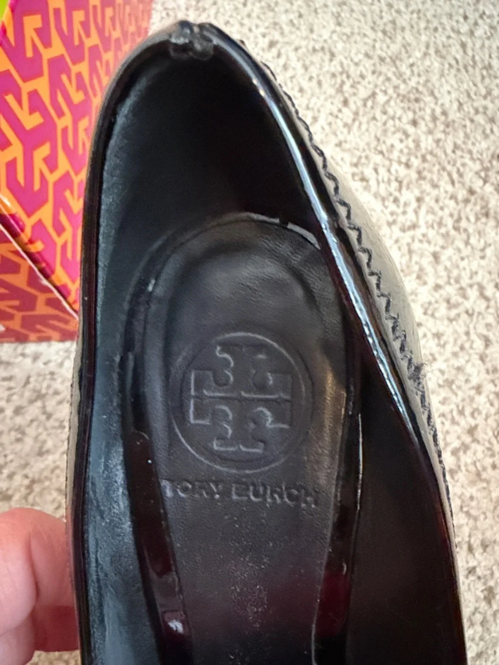 Tory Burch “Sophie” Black Patent Leather wedge heel with silver hardware, 8